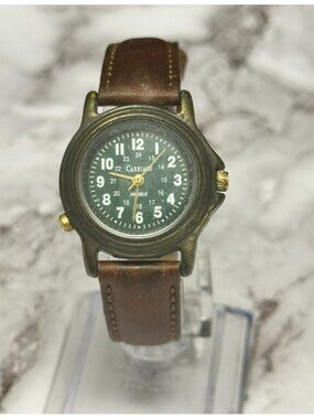 Vtg. Carriage Watch Women Bronze Tone Green Indiglo Dial Leather New Battery 8"